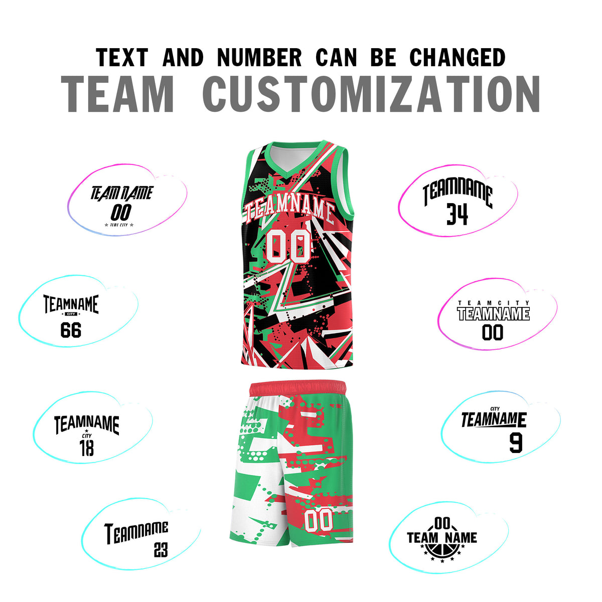 Custom Youth Basketball Jerseys Light Red Green Abstract Graffiti Urban Style Personalized Uniform