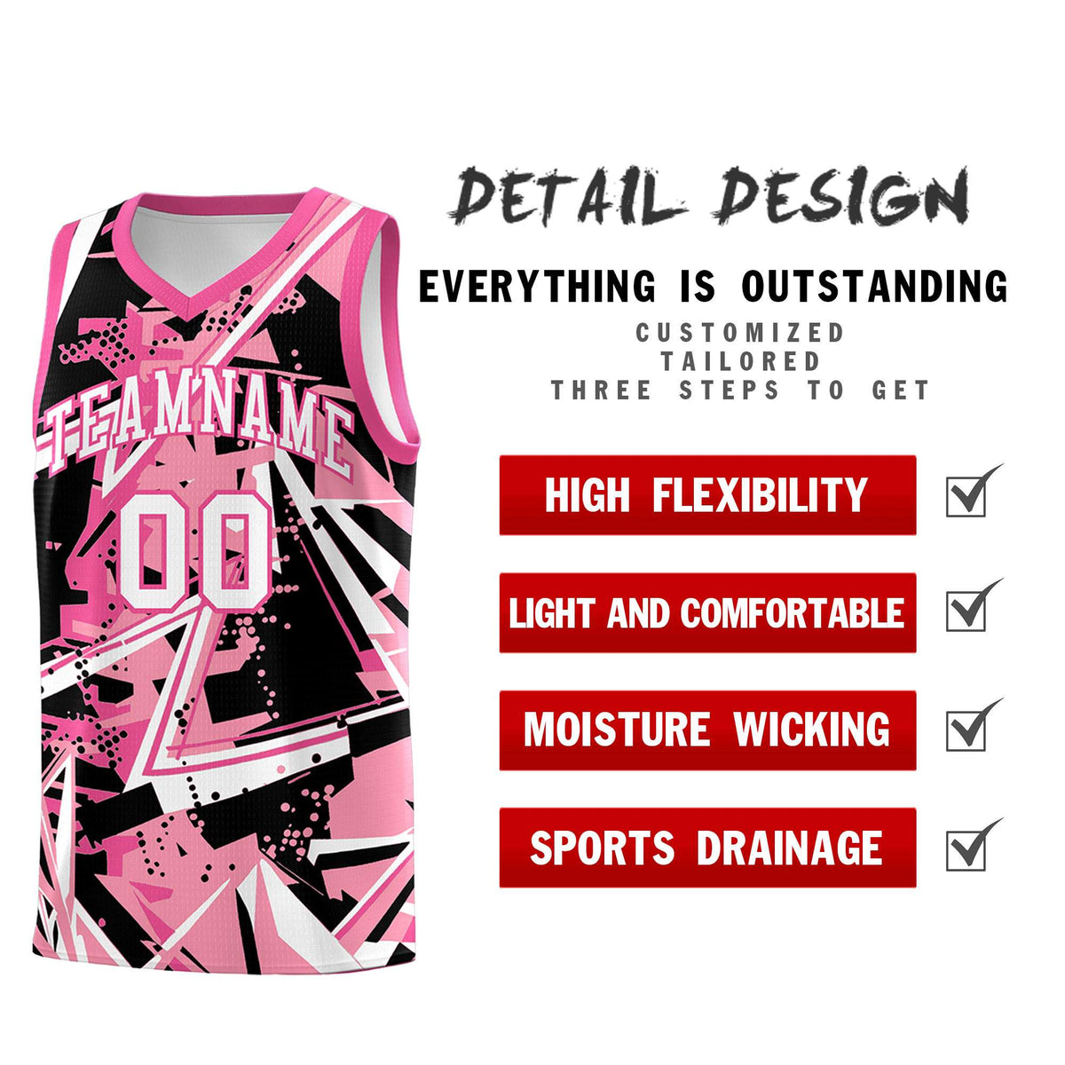 Custom Youth Basketball Jerseys Light Pink Rose Red Abstract Graffiti Personalized Team Name &amp; Number