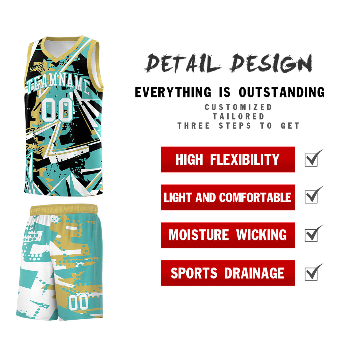 Custom Youth Basketball Jerseys Teal Old Gold Abstract Graffiti Personalized Street Style Uniform