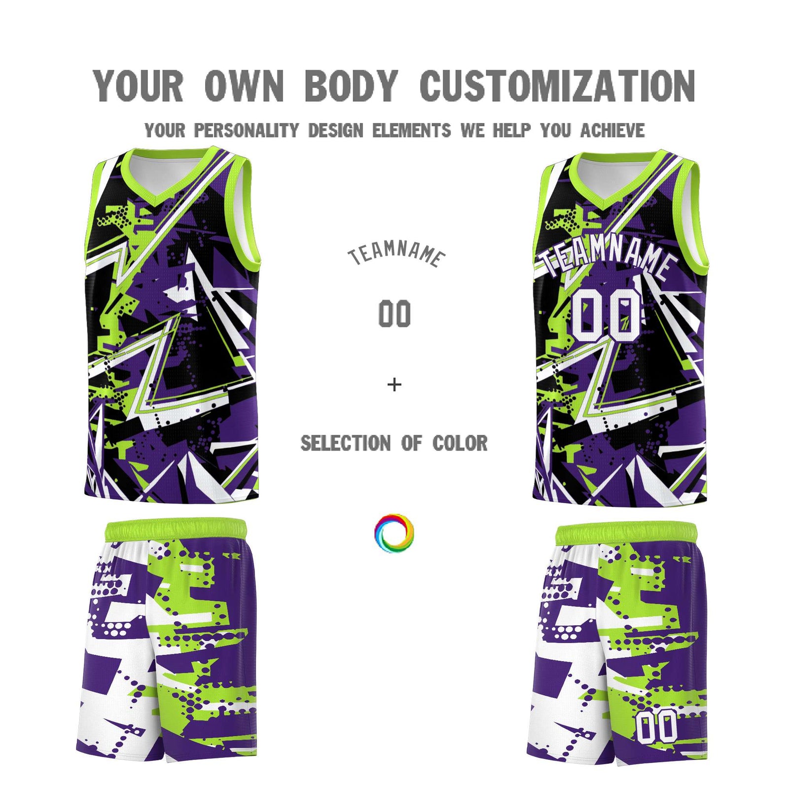 Custom Youth Basketball Jerseys Purple Neon Green Abstract Graffiti Personalized Team Name & Number