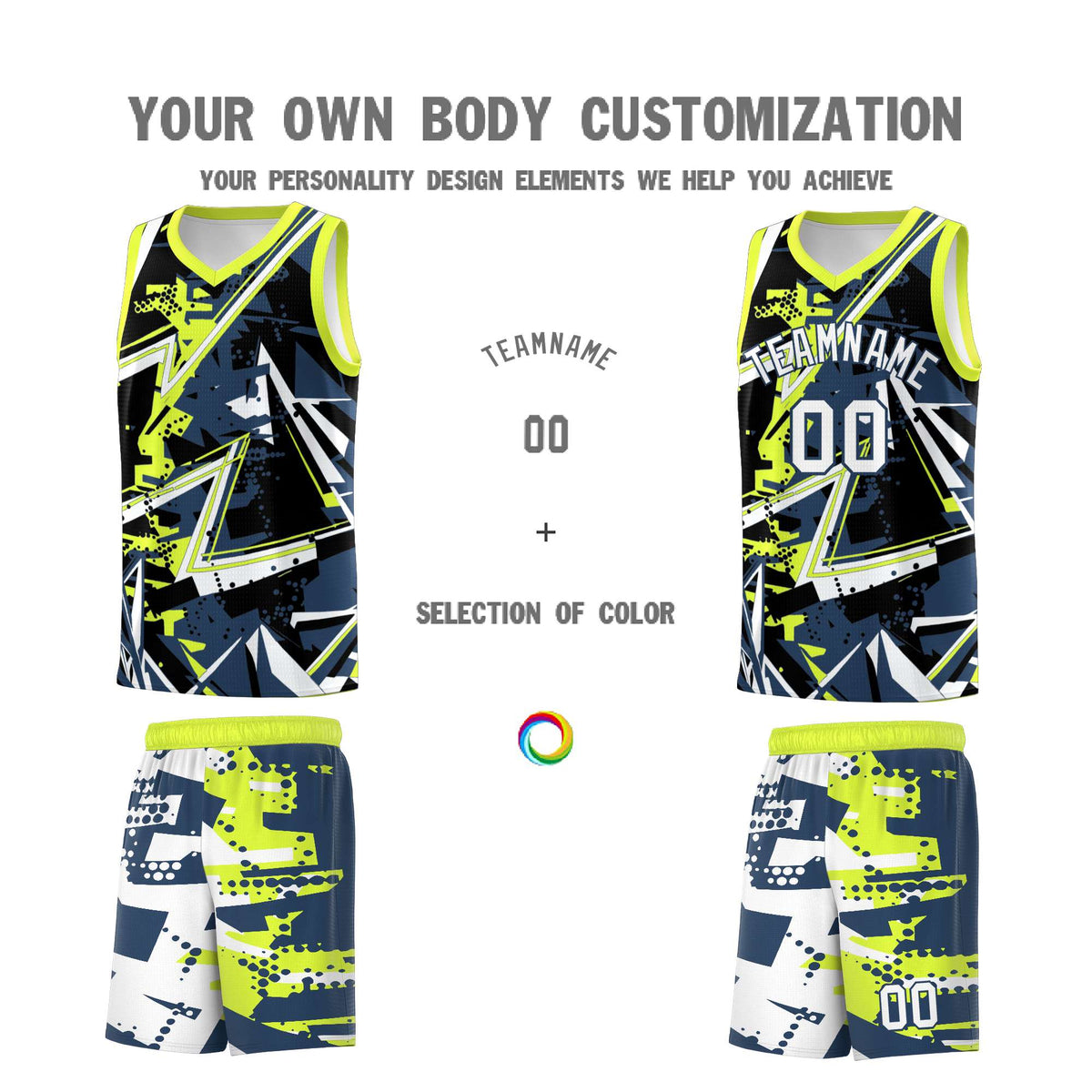 Custom Youth Basketball Jerseys Midnight Blue Fluorescent Green Abstract Graffiti Urban Style Personalized Uniform