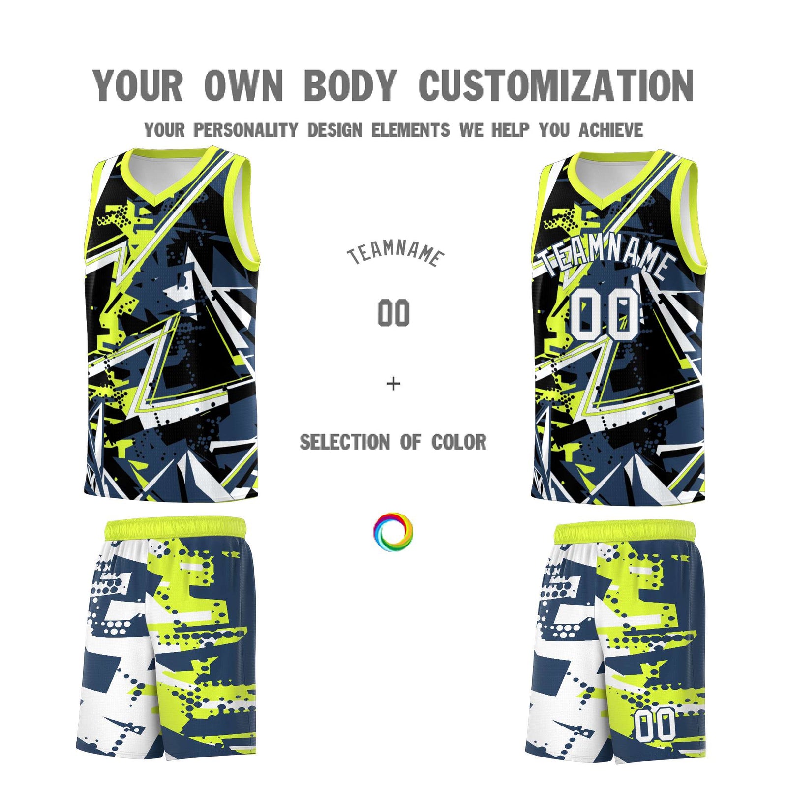 Custom Youth Basketball Jerseys Midnight Blue Fluorescent Green Abstract Graffiti Urban Style Personalized Uniform