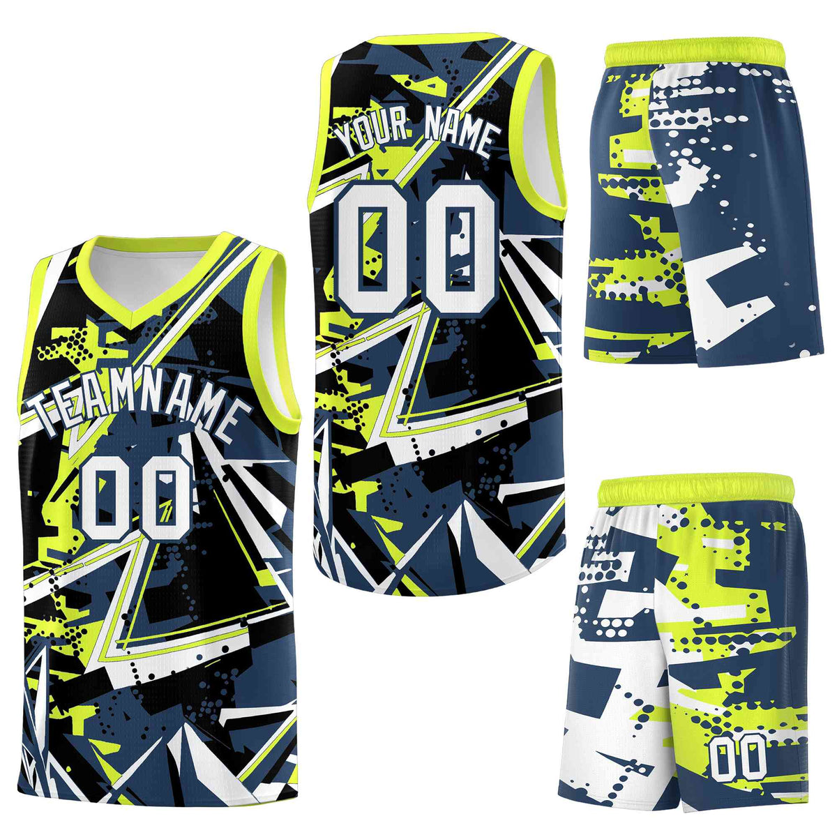 Custom Youth Basketball Jerseys Midnight Blue Fluorescent Green Abstract Graffiti Urban Style Personalized Uniform