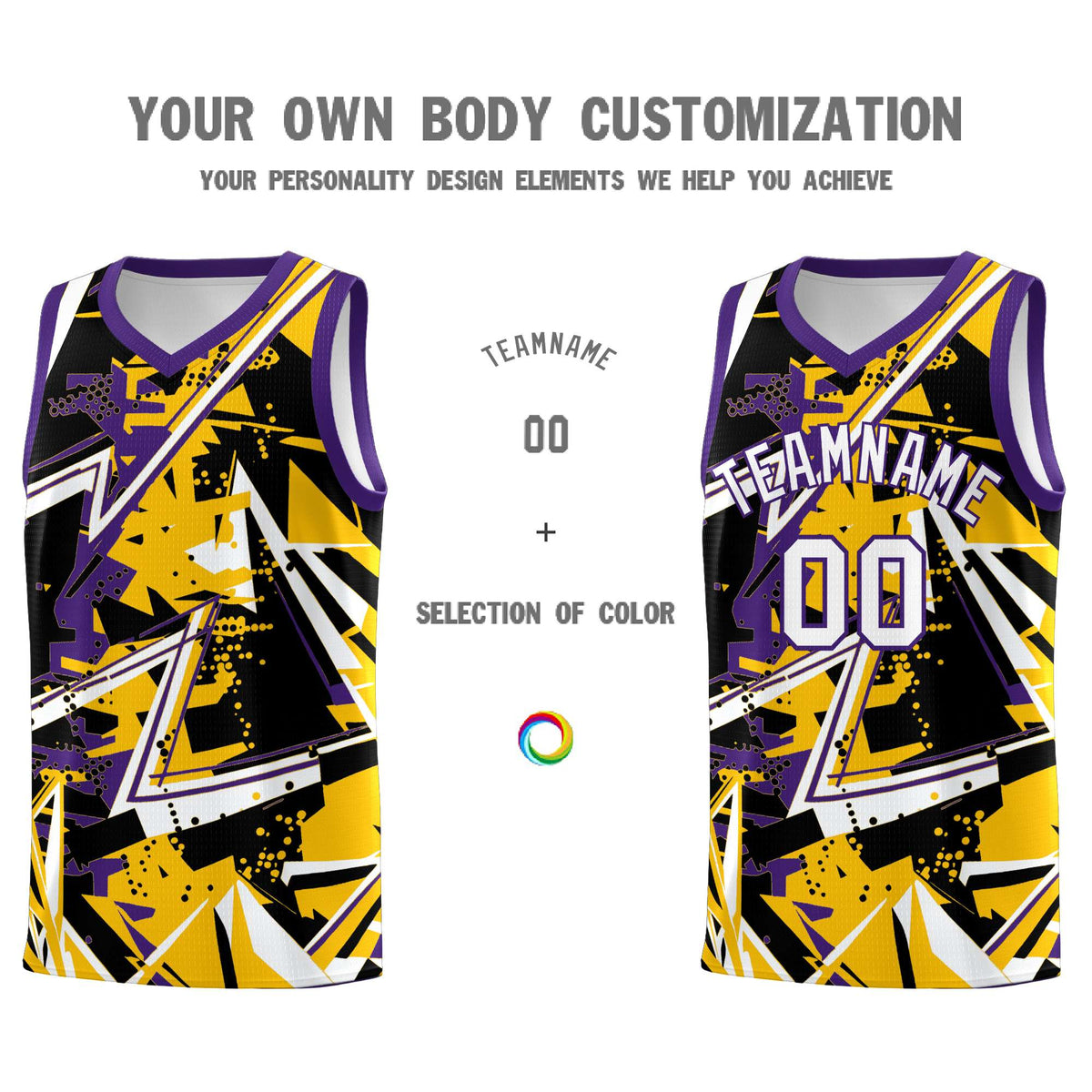 Custom Youth Basketball Jerseys Yellow Purple Abstract Graffiti Personalized Team Name &amp; Number