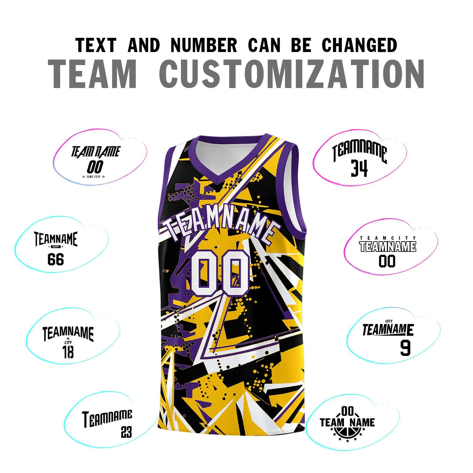 Custom Youth Basketball Jerseys Yellow Purple Abstract Graffiti Personalized Team Name & Number