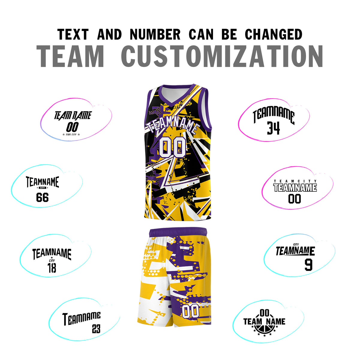 Custom Youth Basketball Jerseys Yellow Purple Abstract Graffiti Personalized Team Name &amp; Number