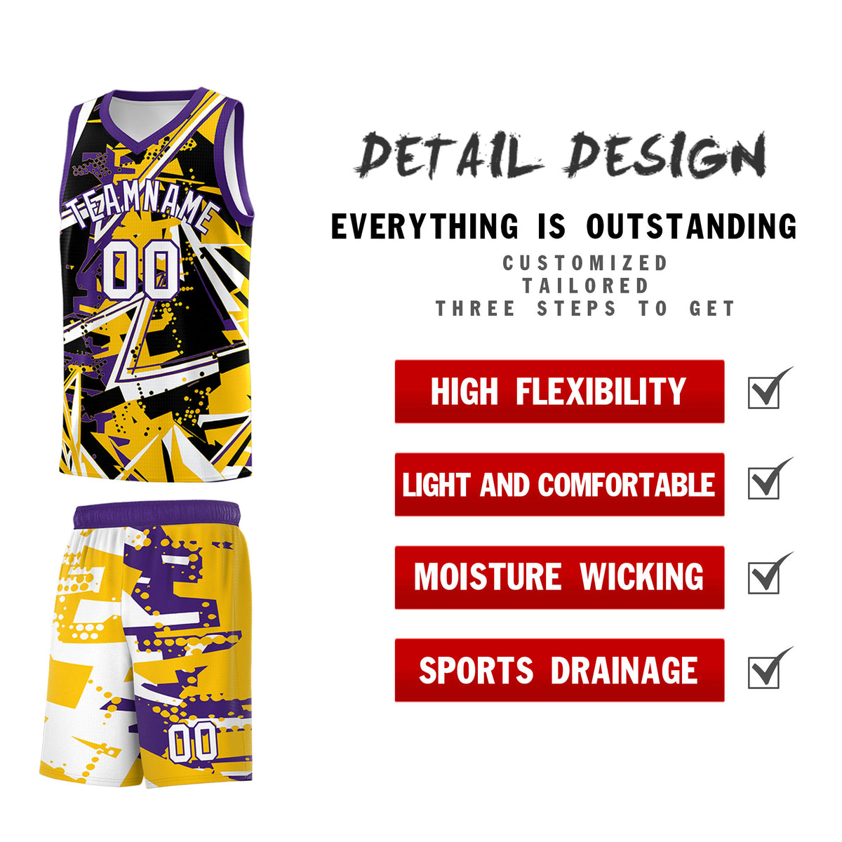 Custom Youth Basketball Jerseys Yellow Purple Abstract Graffiti Personalized Team Name &amp; Number