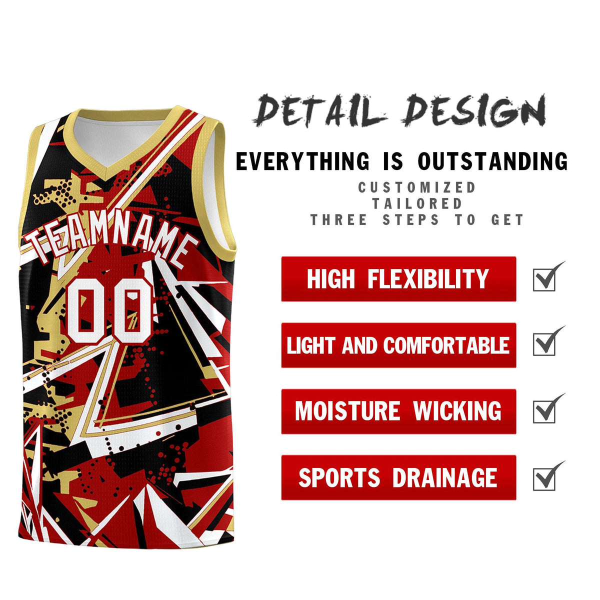 Custom Youth Basketball Jerseys Red Old Gold Abstract Graffiti Personalized Team Name &amp; Number