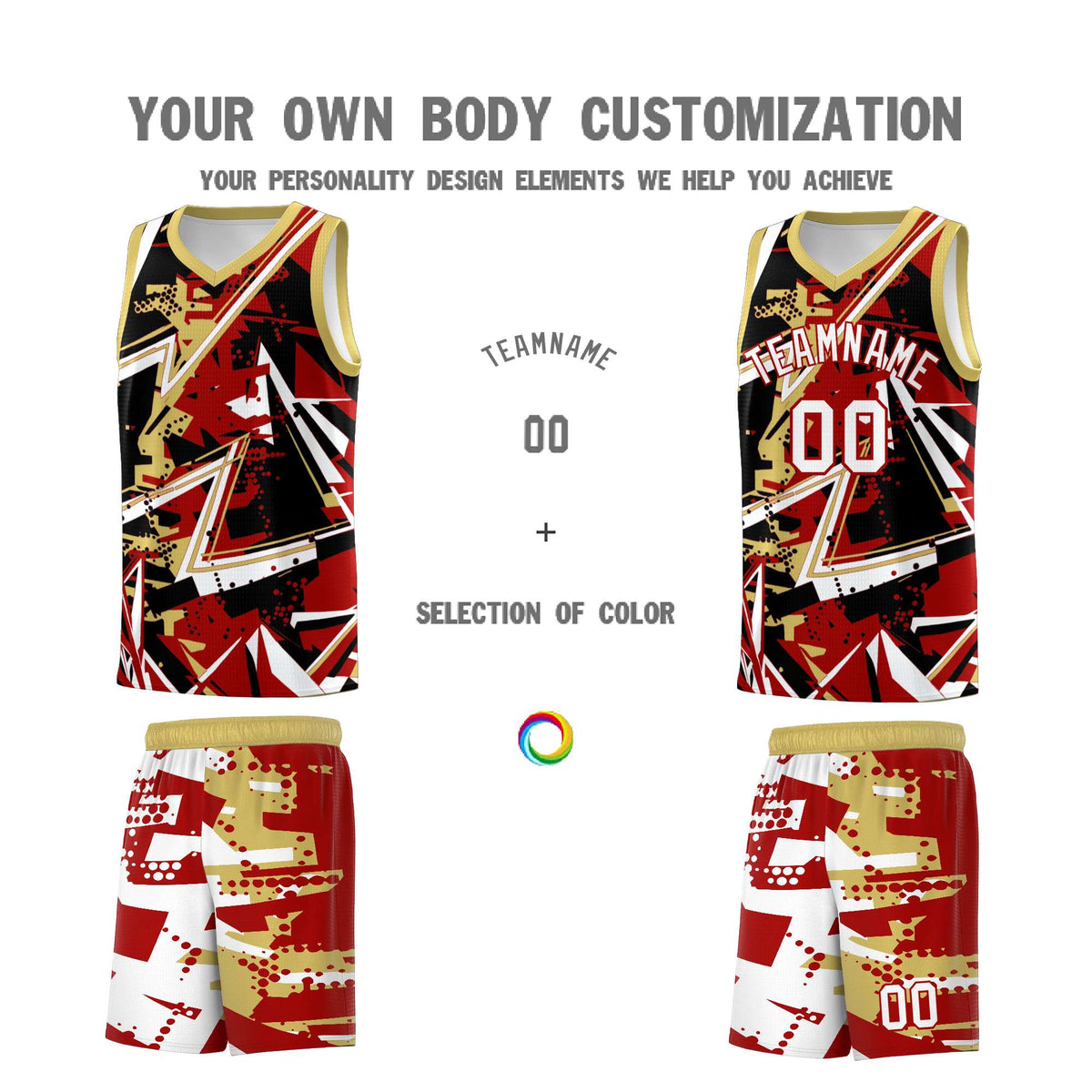 Custom Youth Basketball Jerseys Red Old Gold Abstract Graffiti Personalized Team Name &amp; Number