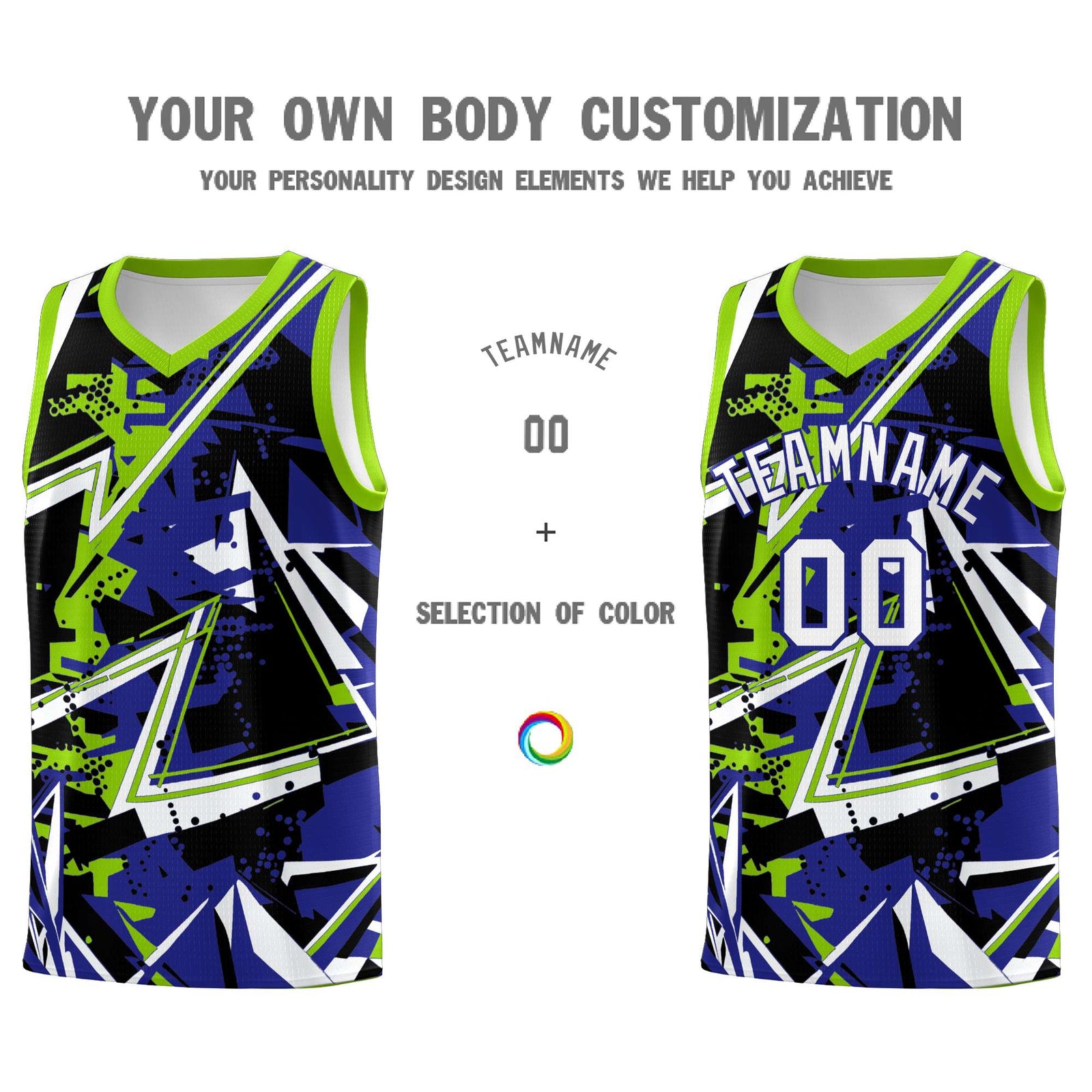 Custom Youth Basketball Jerseys Royal Neon Green Abstract Graffiti Urban Style Personalized Uniform