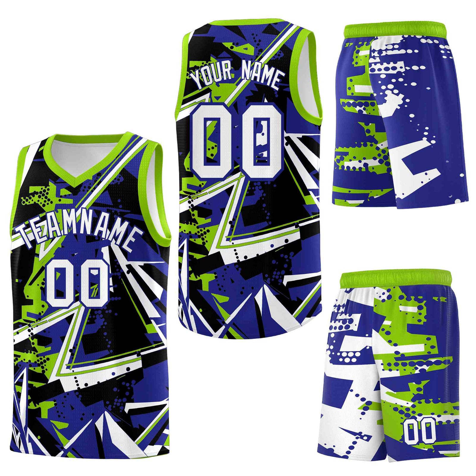 Custom Youth Basketball Jerseys Royal Neon Green Abstract Graffiti Urban Style Personalized Uniform