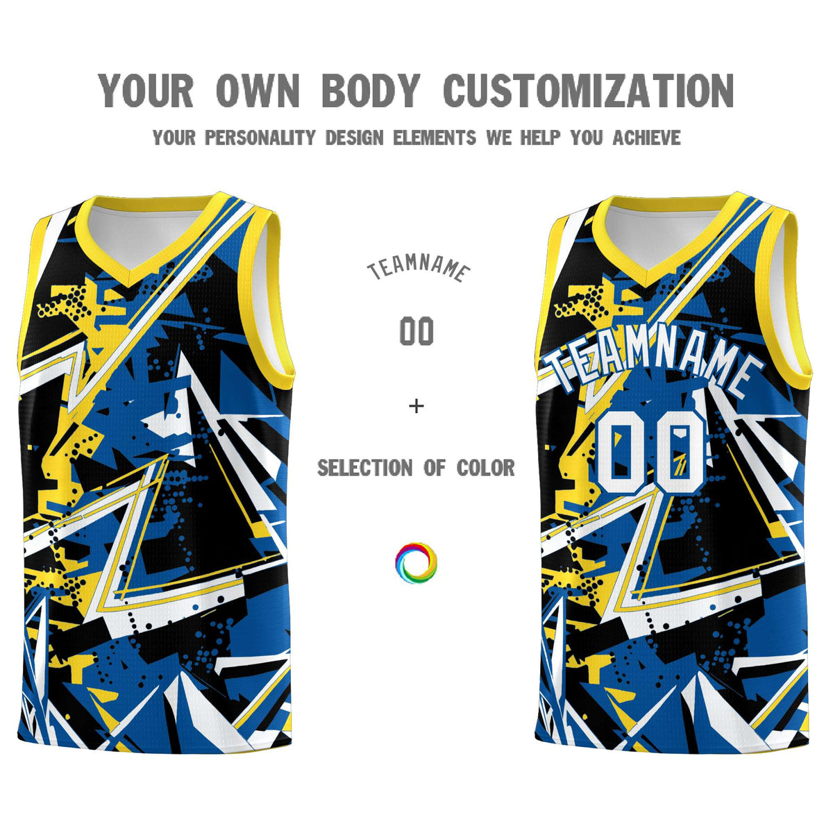 Custom Youth Basketball Jerseys Royal Gold Abstract Graffiti Personalized Team Name & Number