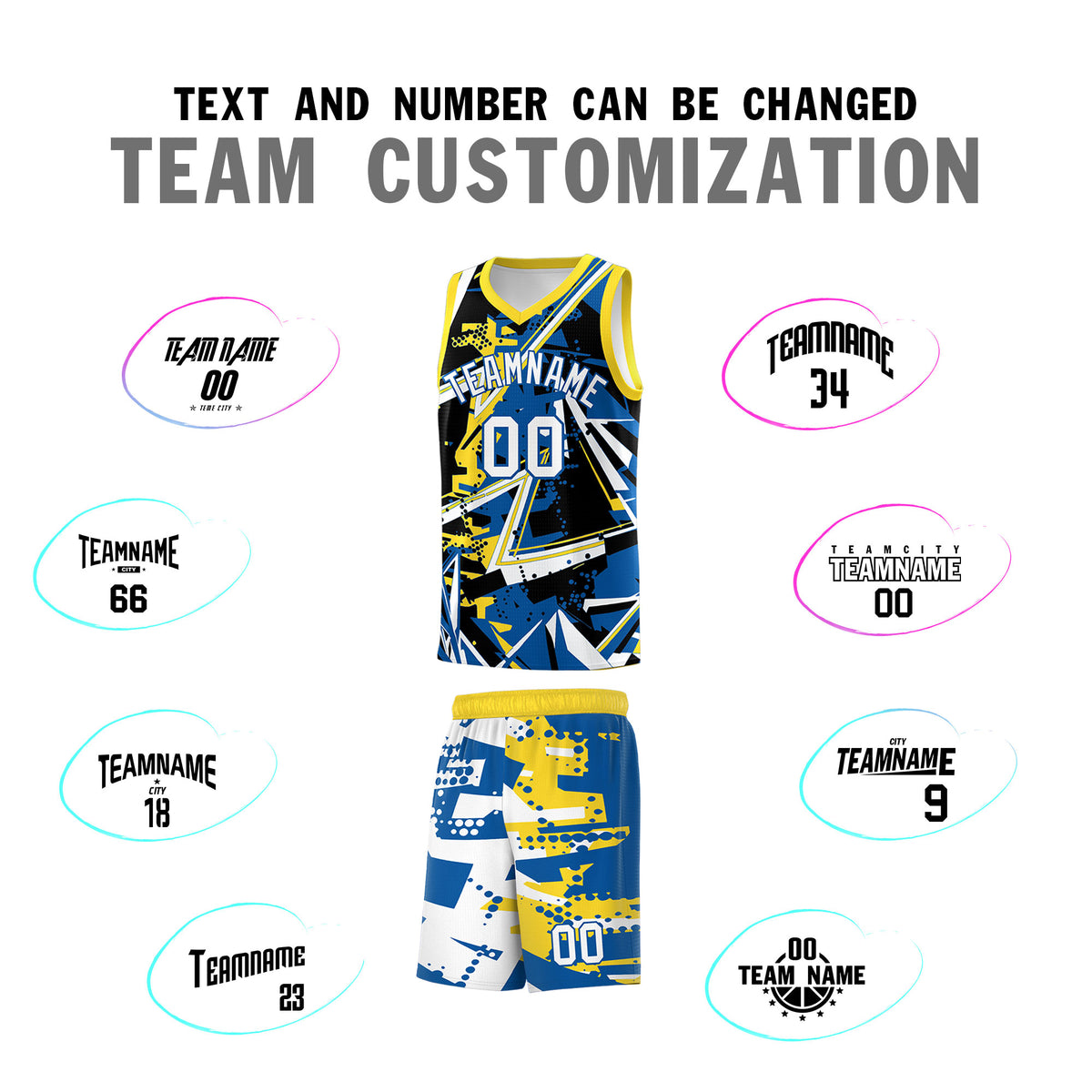 Custom Youth Basketball Jerseys Royal Gold Abstract Graffiti Personalized Team Name & Number