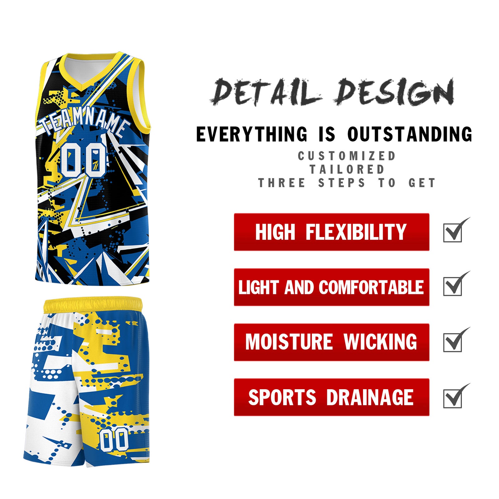 Custom Youth Basketball Jerseys Royal Gold Abstract Graffiti Personalized Team Name & Number