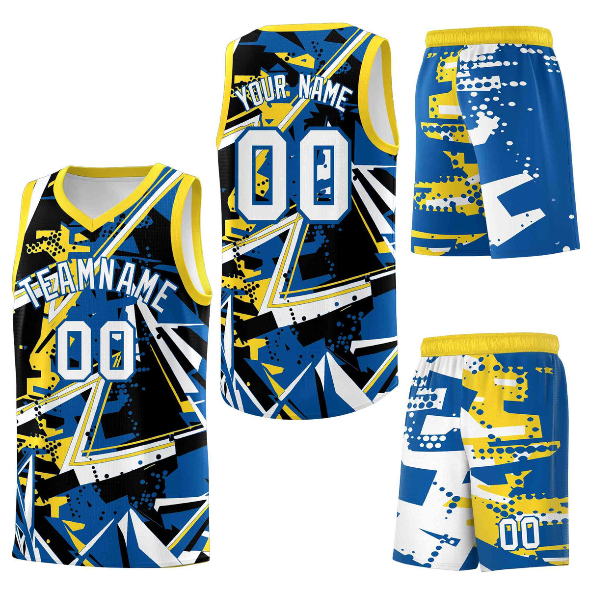 Custom Youth Basketball Jerseys Royal Gold Abstract Graffiti Personalized Team Name &amp; Number