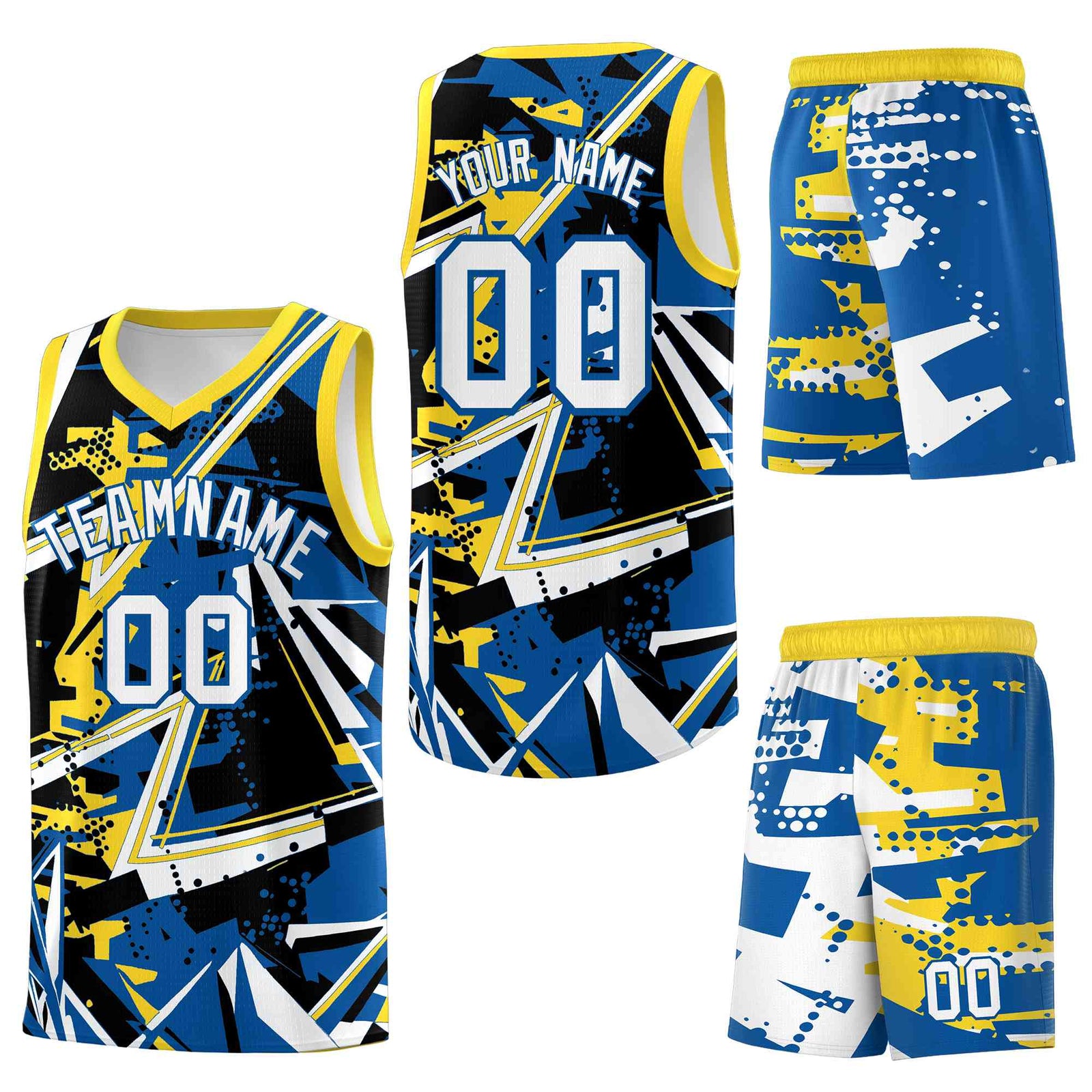 Custom Youth Basketball Jerseys Royal Gold Abstract Graffiti Personalized Team Name & Number