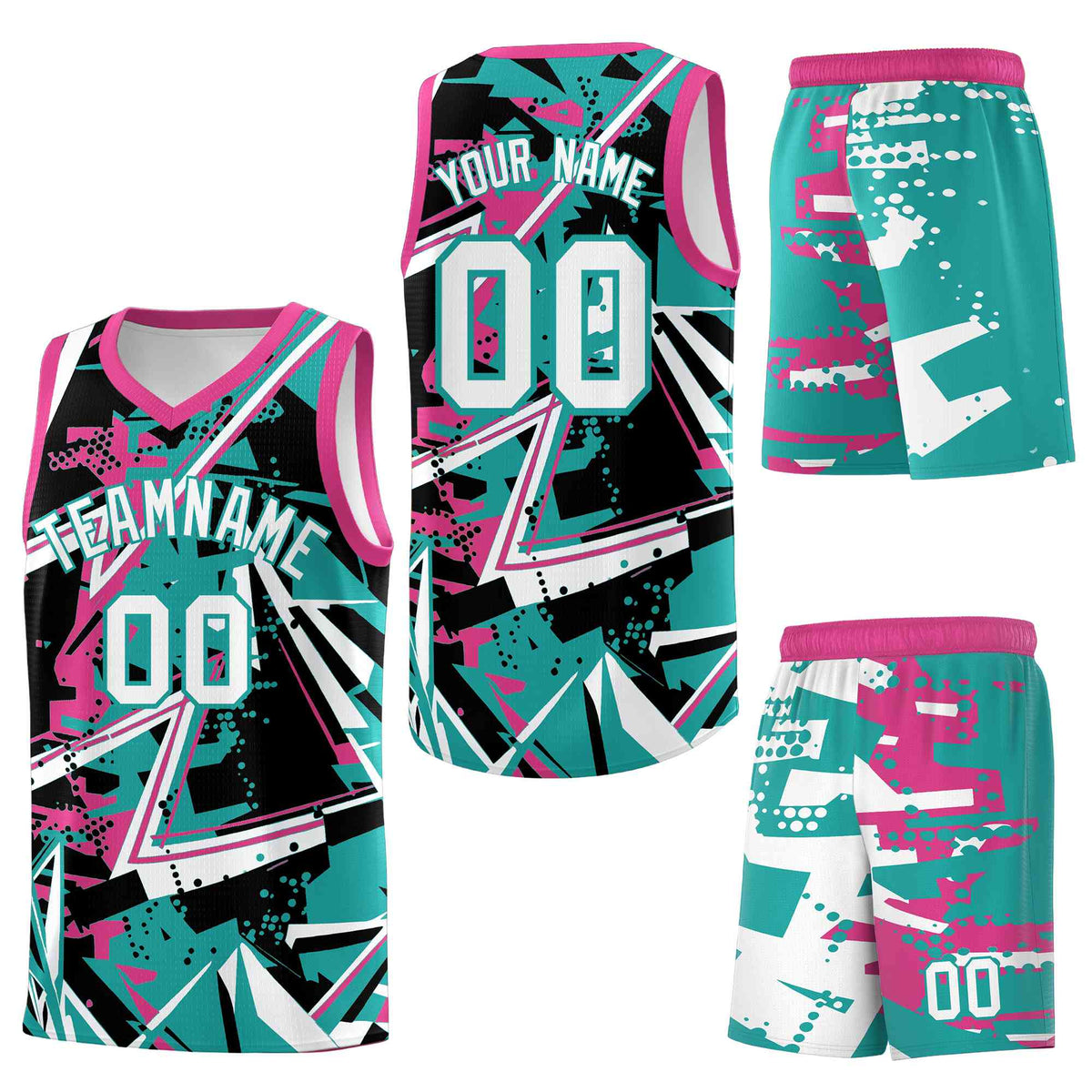 Custom Youth Basketball Jerseys Aqua Rose Red Abstract Graffiti Urban Style Personalized Uniform