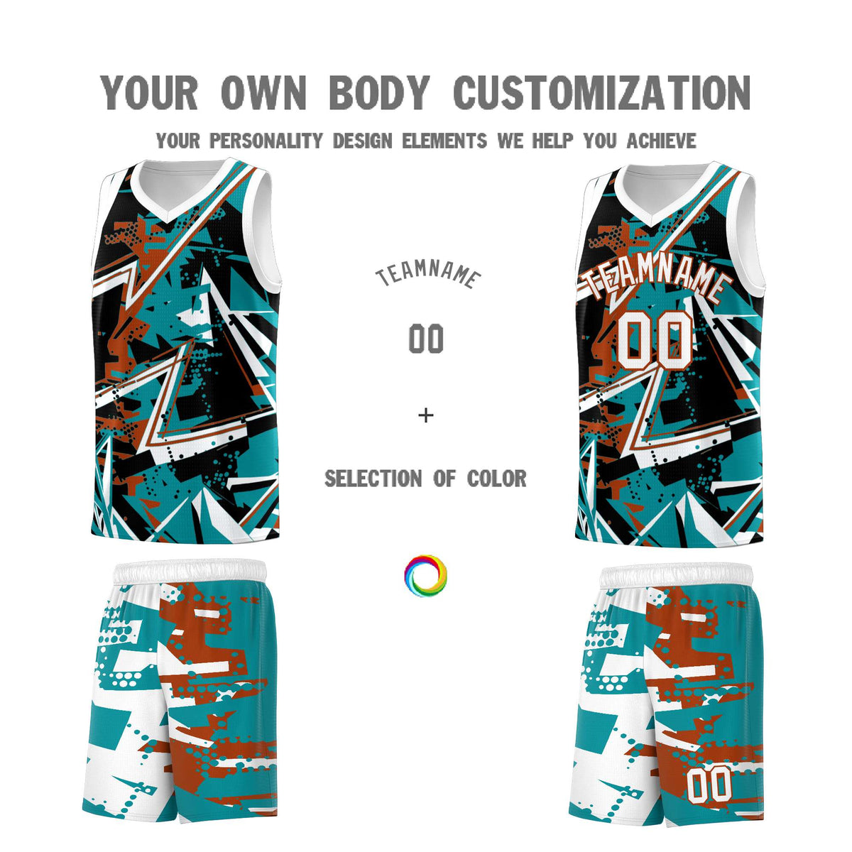 Custom Youth Basketball Jerseys Teal Dark Orange Abstract Graffiti Personalized Street Style Uniform