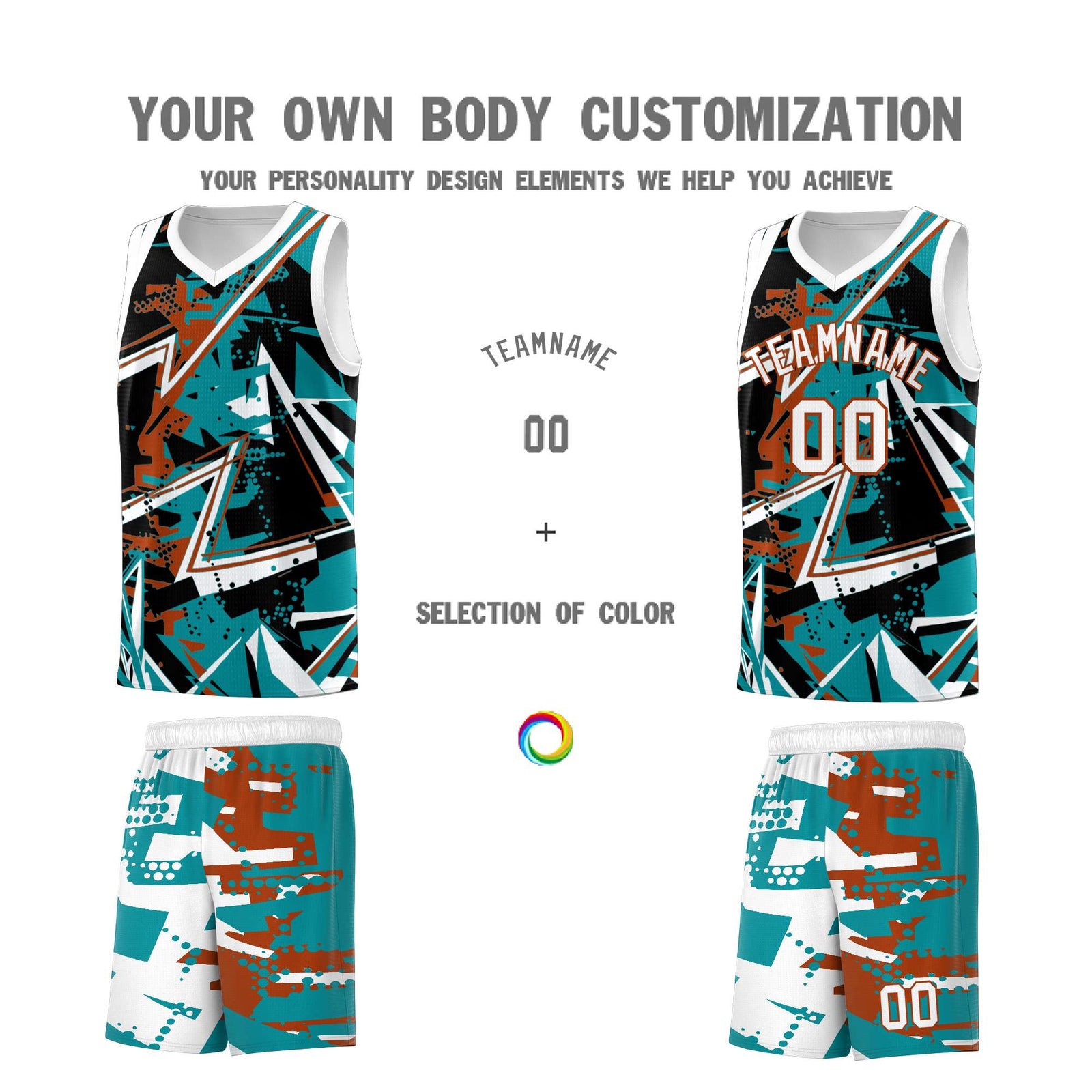 Custom Youth Basketball Jerseys Teal Dark Orange Abstract Graffiti Personalized Street Style Uniform