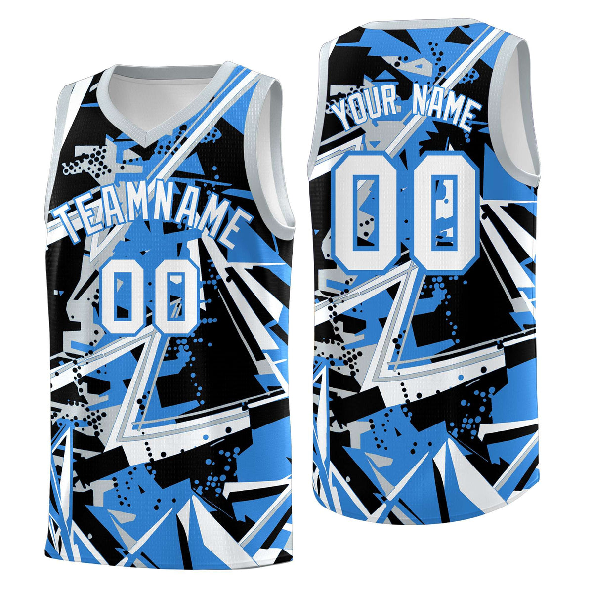 Custom Youth Basketball Jerseys Light Blue Silver Abstract Graffiti Personalized Team Name &amp; Number