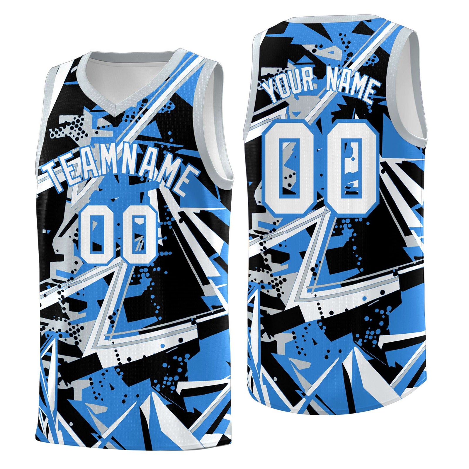 Custom Youth Basketball Jerseys Light Blue Silver Abstract Graffiti Personalized Team Name & Number