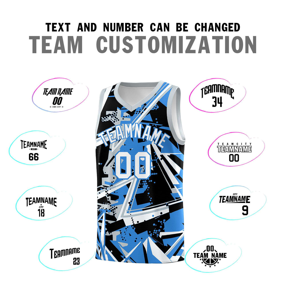 Custom Youth Basketball Jerseys Light Blue Silver Abstract Graffiti Personalized Team Name &amp; Number