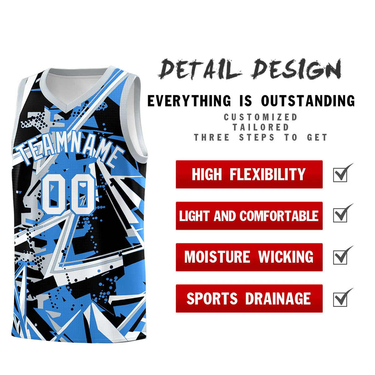Custom Youth Basketball Jerseys Light Blue Silver Abstract Graffiti Personalized Team Name &amp; Number