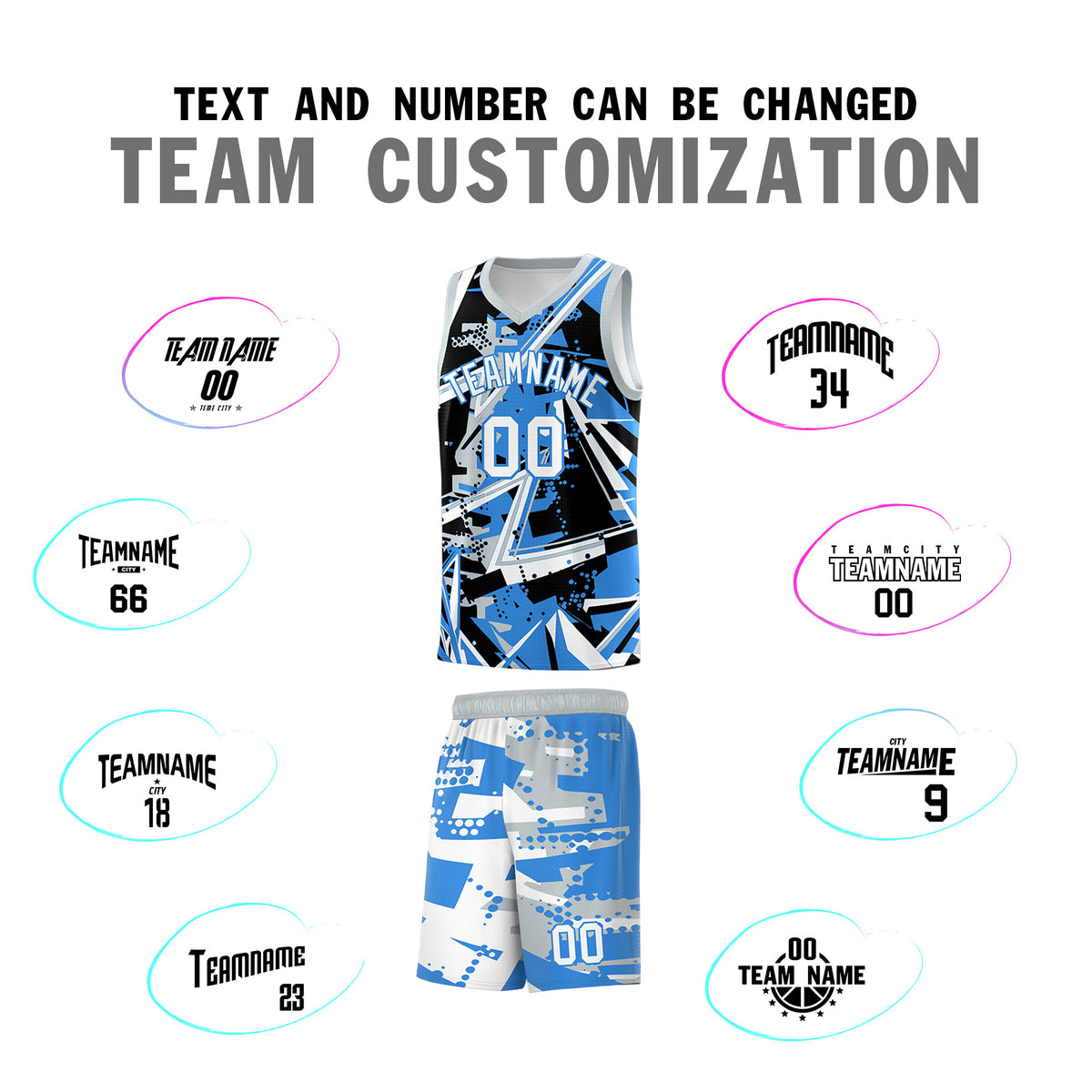Custom Youth Basketball Jerseys Light Blue Silver Abstract Graffiti Personalized Team Name &amp; Number