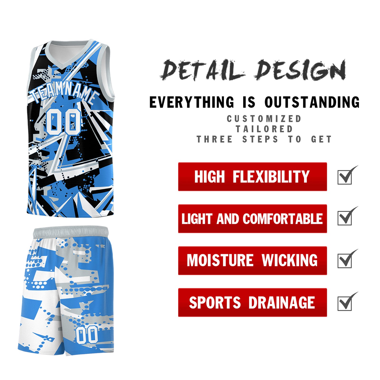 Custom Youth Basketball Jerseys Light Blue Silver Abstract Graffiti Personalized Team Name & Number