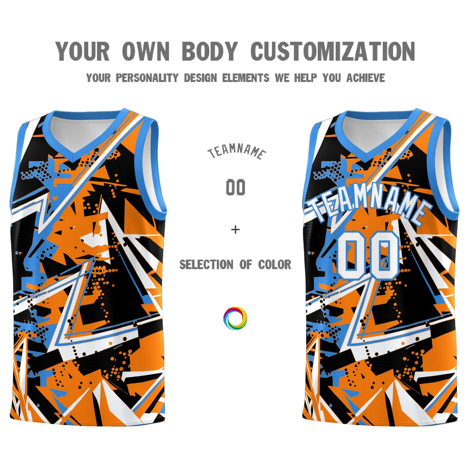 Custom Youth Basketball Jerseys Orange Light Blue Abstract Graffiti Personalized Street Style Uniform