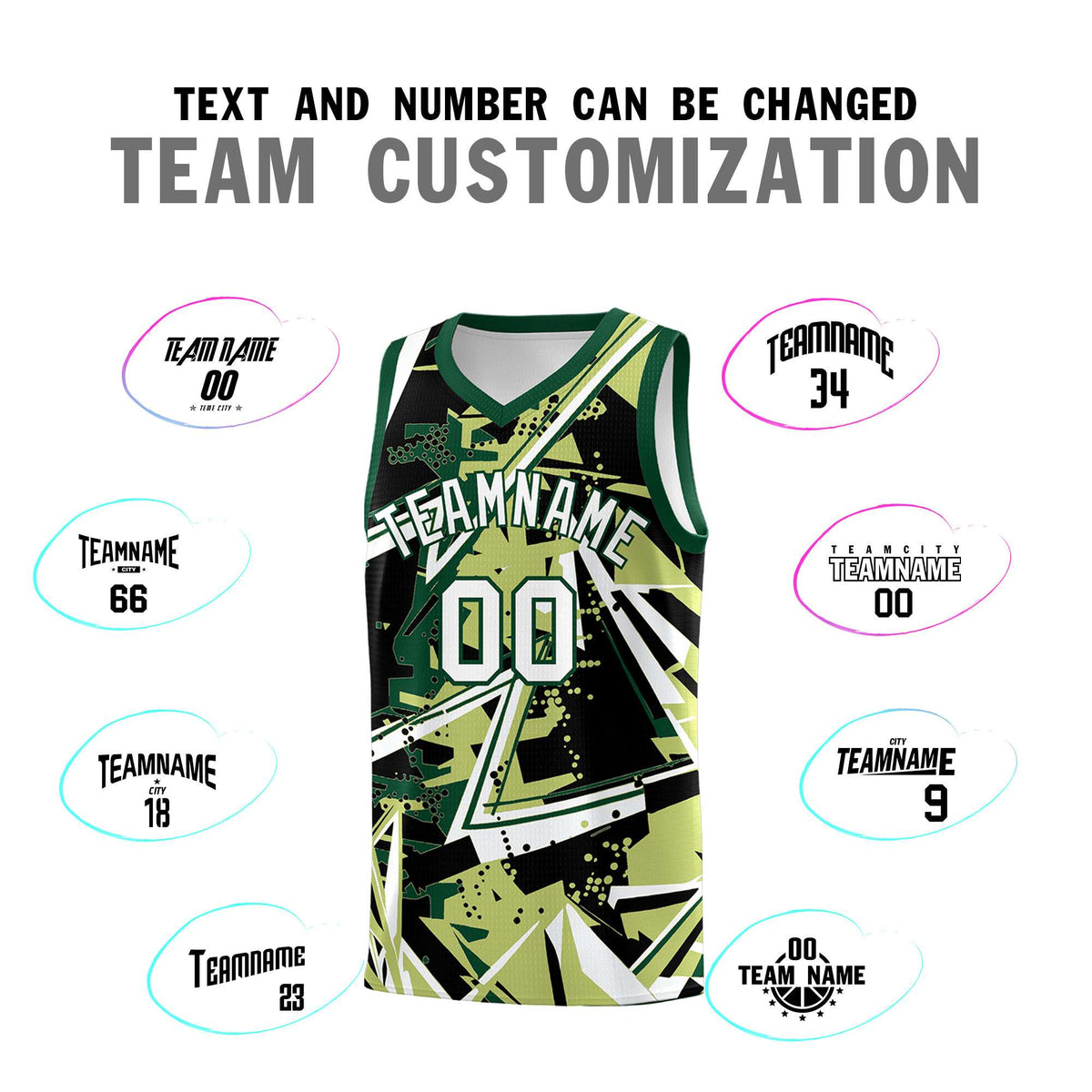 Custom Youth Basketball Jerseys Champagne Kelly Green Abstract Graffiti Urban Style Personalized Uniform