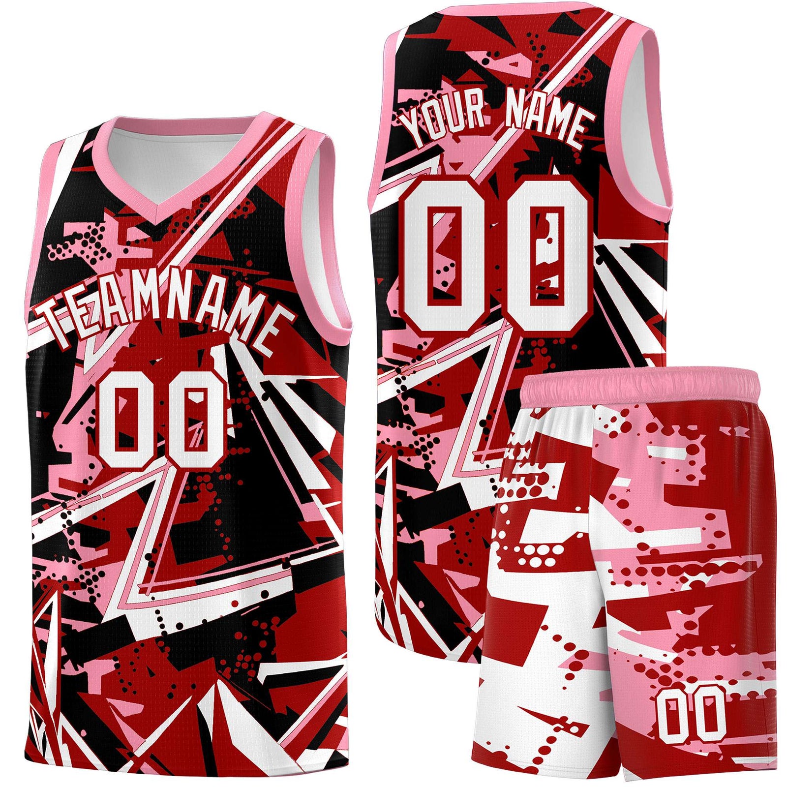 Custom Youth Basketball Jerseys Red Light Pink Abstract Graffiti Personalized Street Style Uniform
