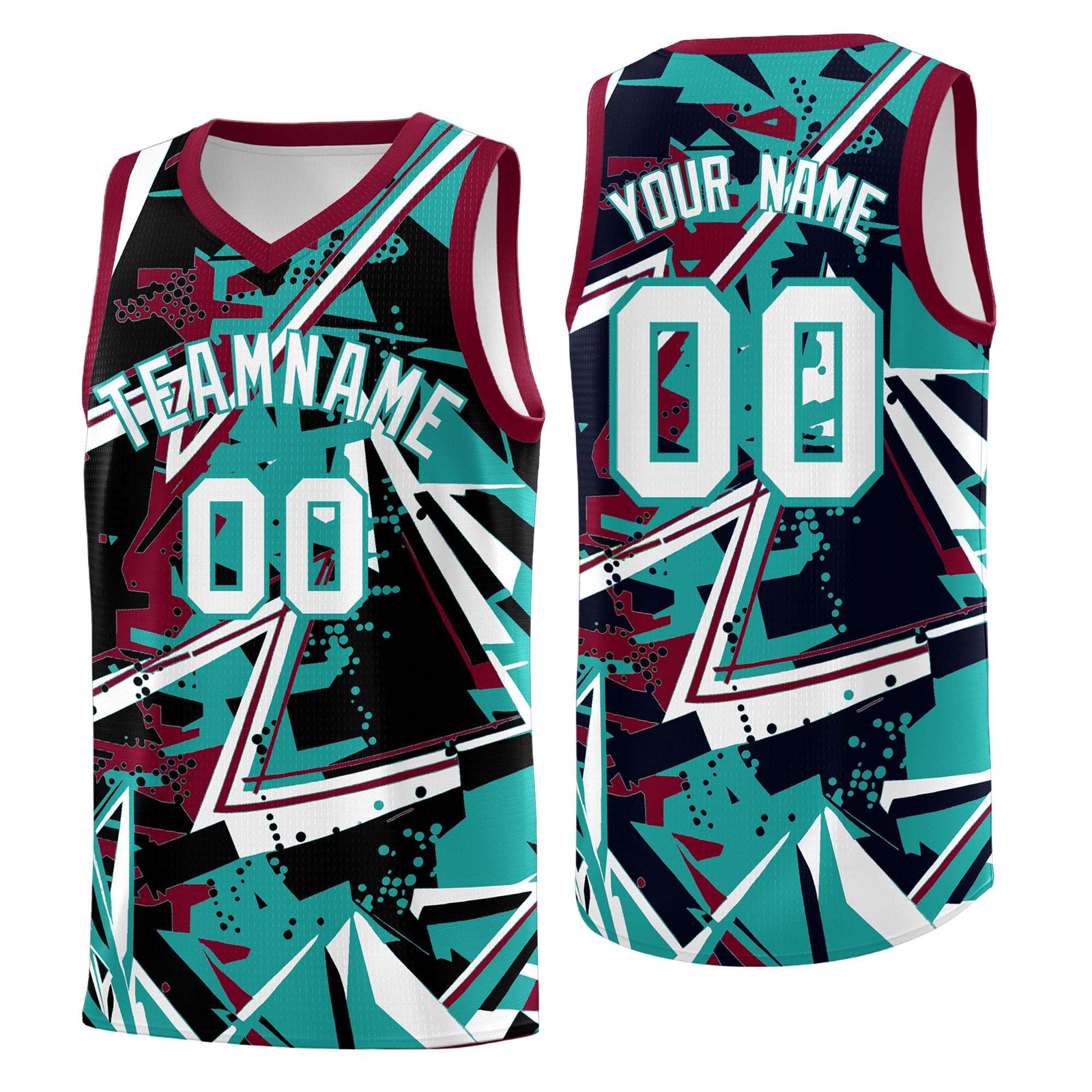 Custom Youth Basketball Jerseys Teal Crimson Abstract Graffiti Personalized Team Name & Number