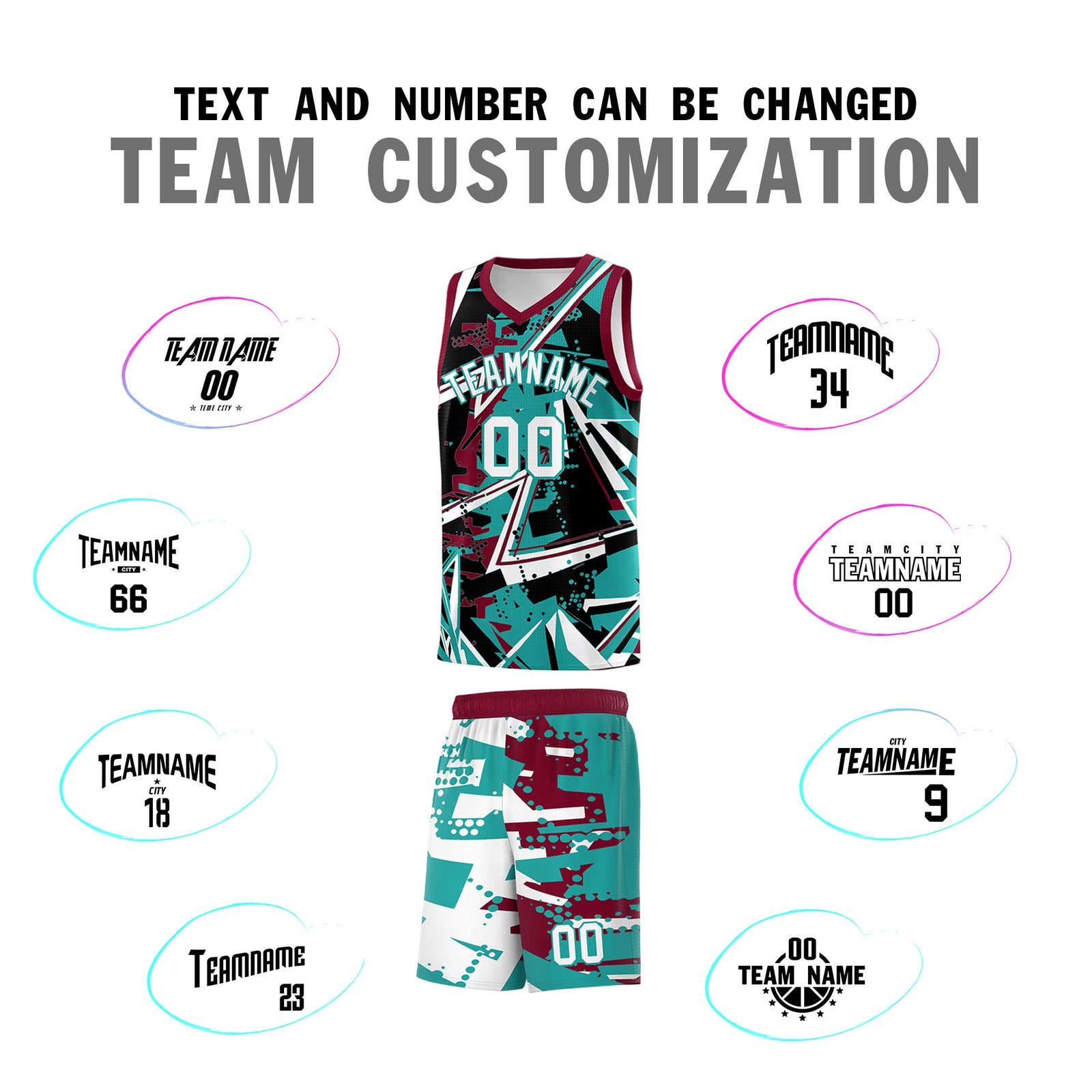 Custom Youth Basketball Jerseys Teal Crimson Abstract Graffiti Personalized Team Name & Number