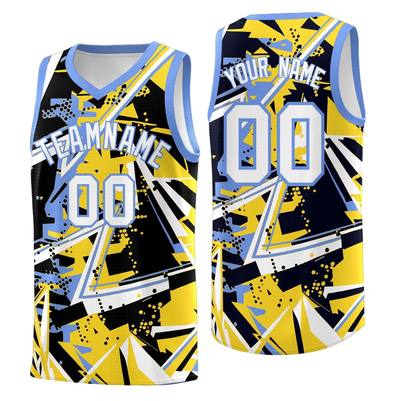 Custom Youth Basketball Jerseys Gold Light Blue Abstract Graffiti Urban Style Personalized Uniform