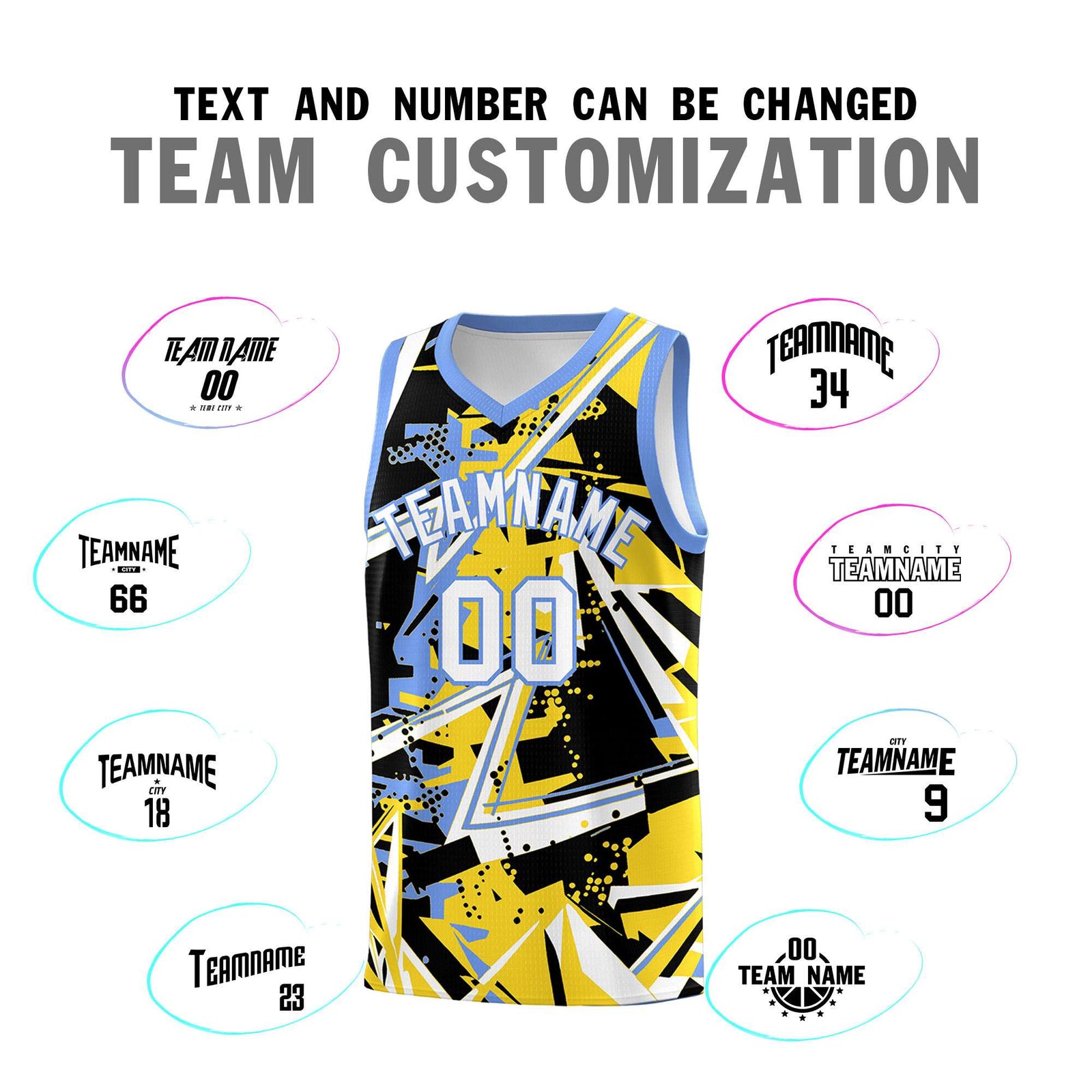 Custom Youth Basketball Jerseys Gold Light Blue Abstract Graffiti Urban Style Personalized Uniform