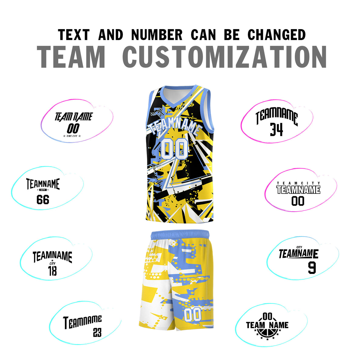 Custom Youth Basketball Jerseys Gold Light Blue Abstract Graffiti Urban Style Personalized Uniform