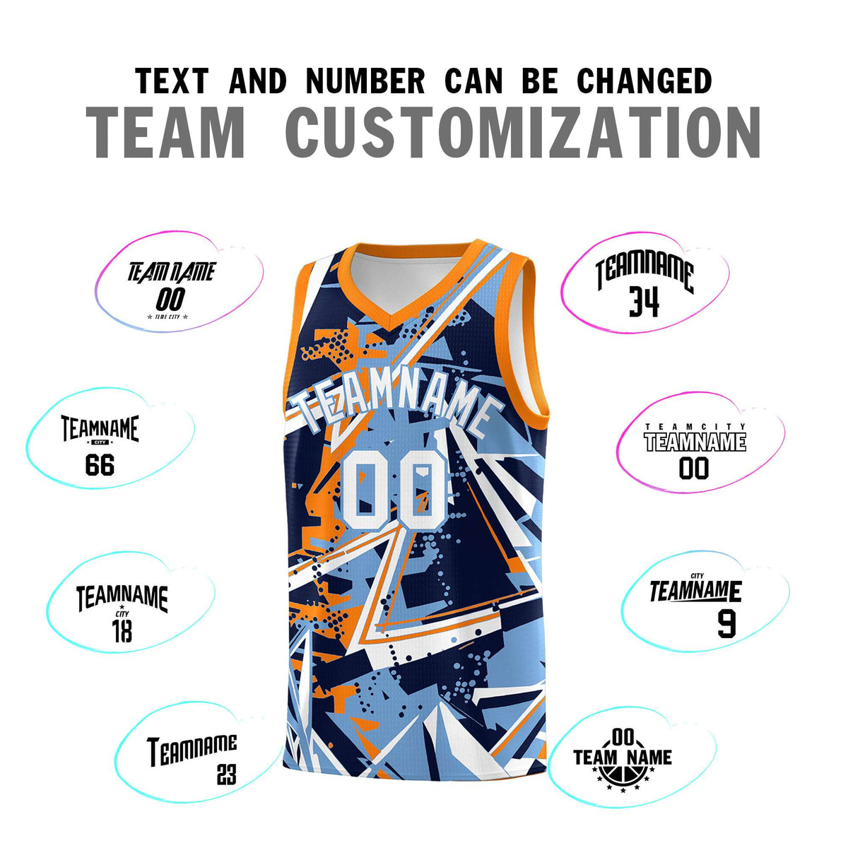Custom Youth Basketball Jerseys Powder Blue Orange Abstract Graffiti Personalized Team Name &amp; Number