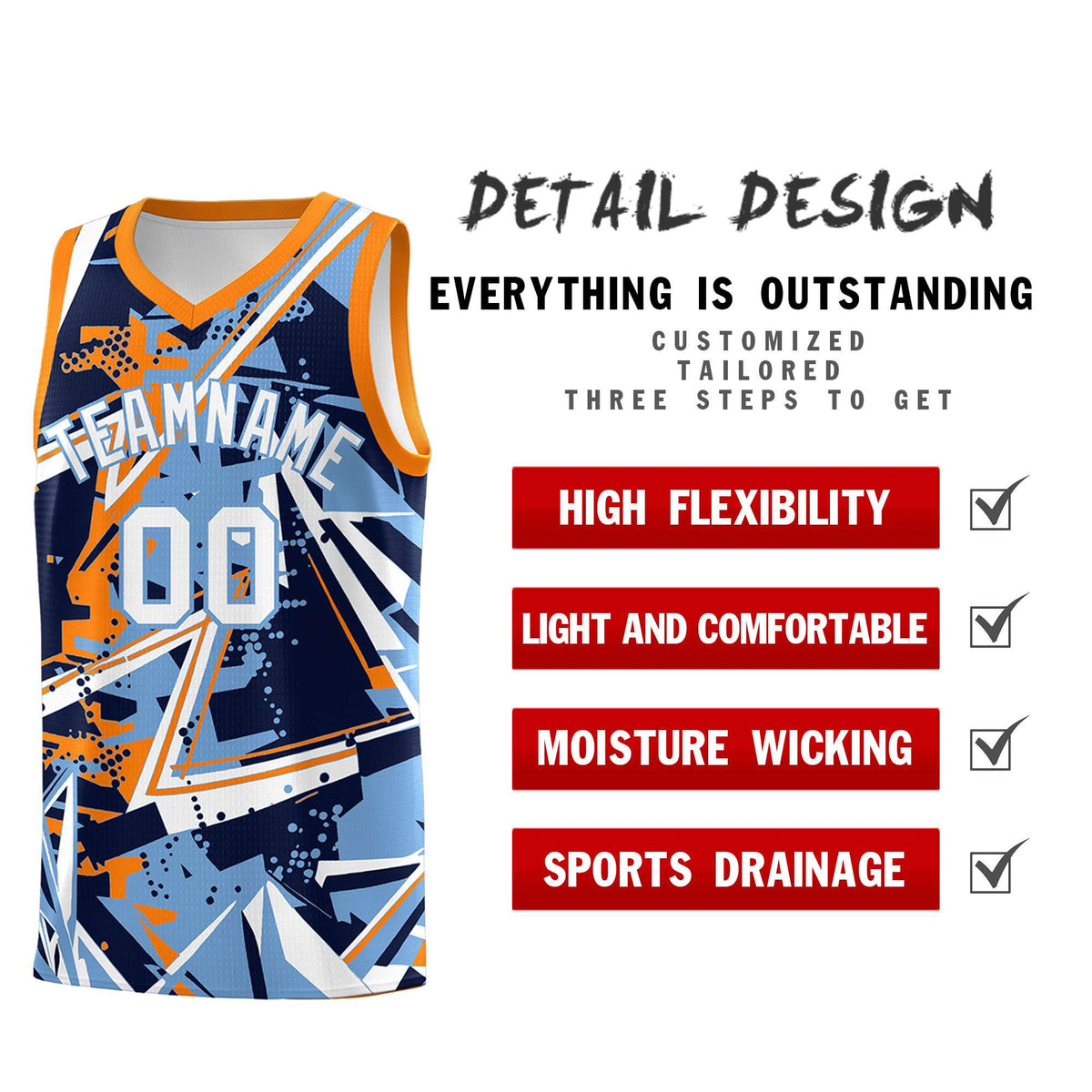 Custom Youth Basketball Jerseys Powder Blue Orange Abstract Graffiti Personalized Team Name &amp; Number