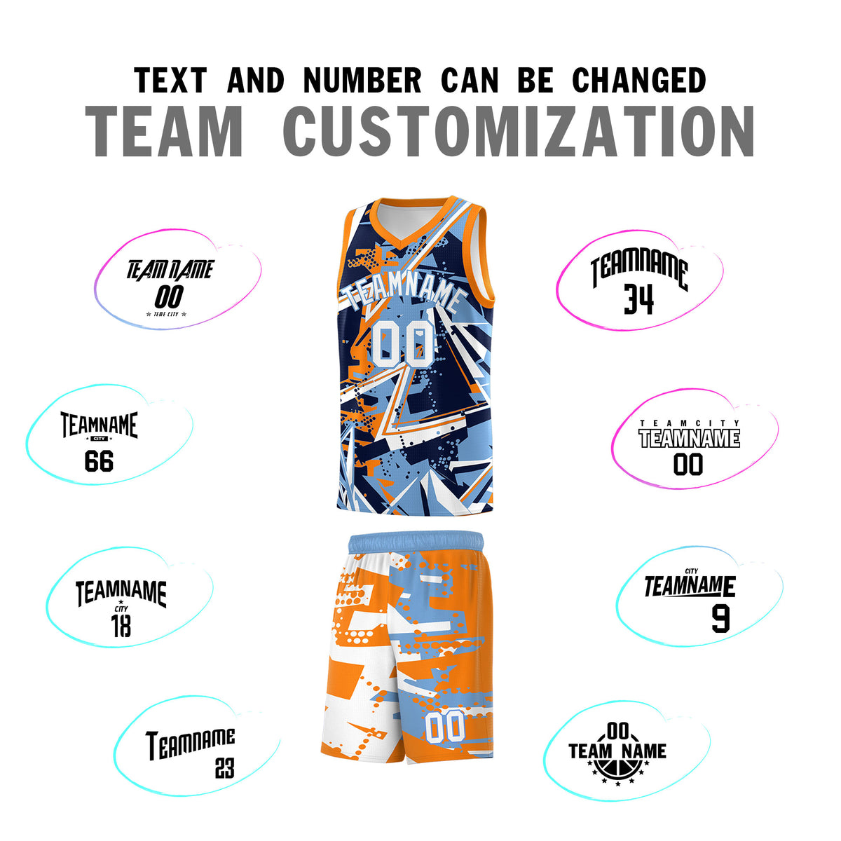 Custom Youth Basketball Jerseys Powder Blue Orange Abstract Graffiti Personalized Team Name &amp; Number