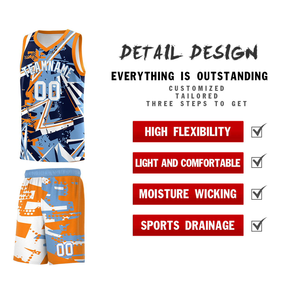 Custom Youth Basketball Jerseys Powder Blue Orange Abstract Graffiti Personalized Team Name &amp; Number