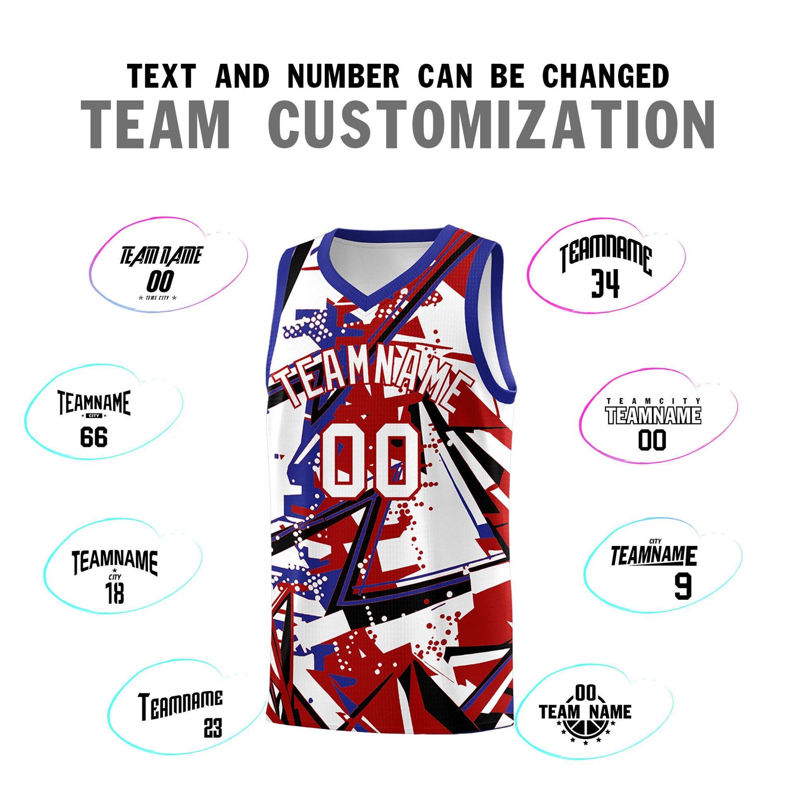 Custom Youth Basketball Jerseys Red Royal Abstract Graffiti Personalized Street Style Uniform