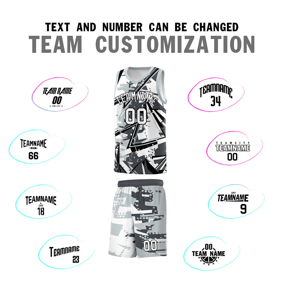 Custom Youth Basketball Jerseys Gray Silver Abstract Graffiti Personalized Team Name &amp; Number