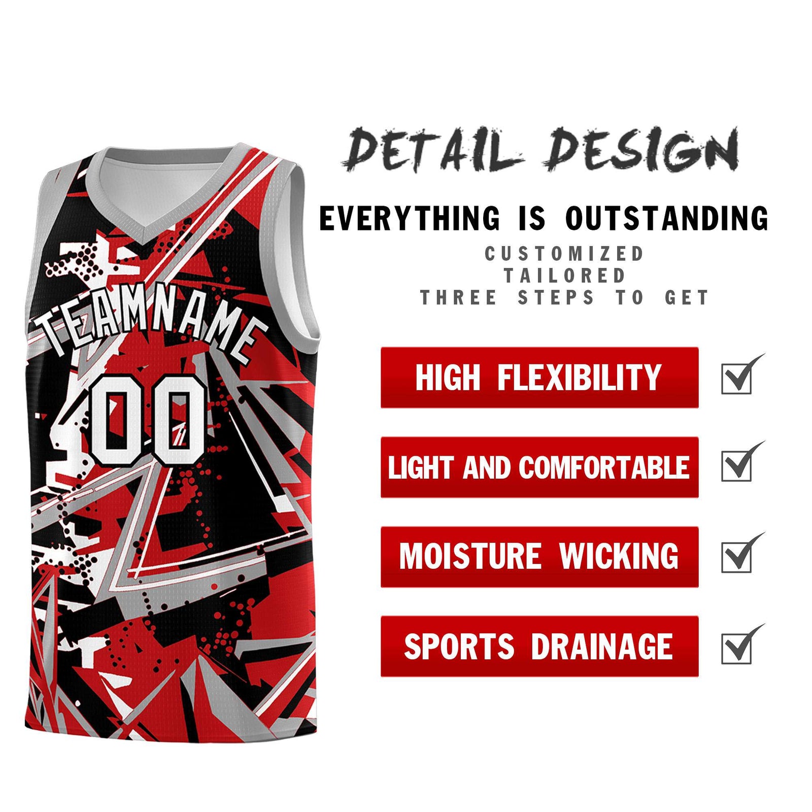 Custom Youth Basketball Jerseys Red Gray Abstract Graffiti Personalized Team Name & Number