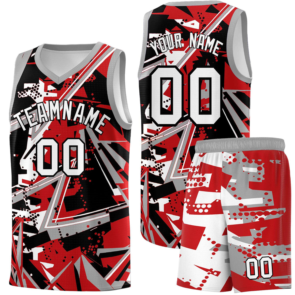 Custom Youth Basketball Jerseys Red Gray Abstract Graffiti Personalized Team Name &amp; Number