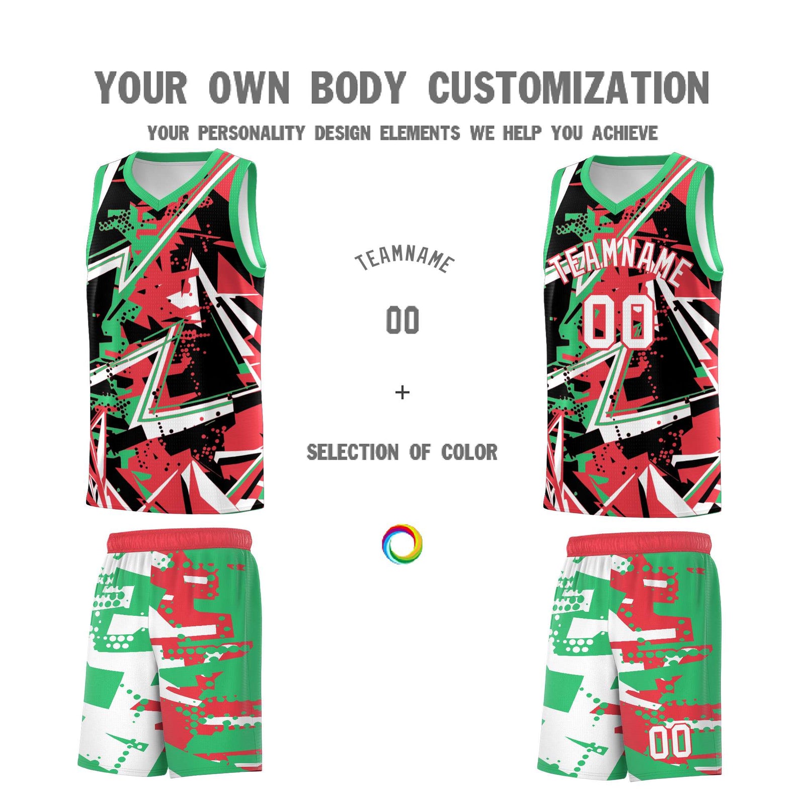 Custom Youth Basketball Jerseys Light Red Green Abstract Graffiti Urban Style Personalized Uniform
