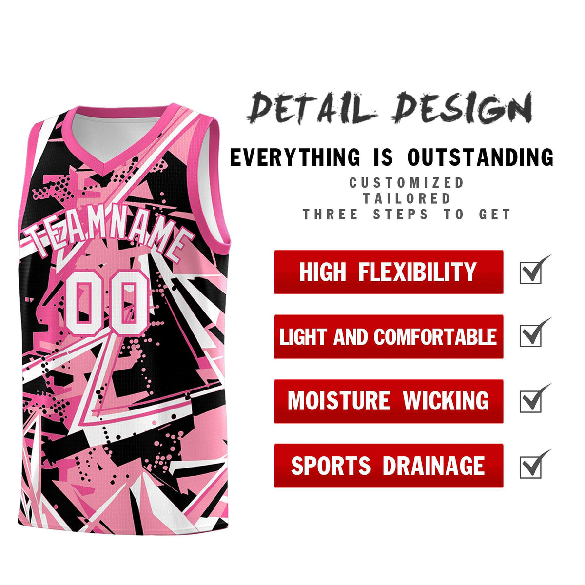 Custom Youth Basketball Jerseys Light Pink Rose Red Abstract Graffiti Personalized Team Name &amp; Number