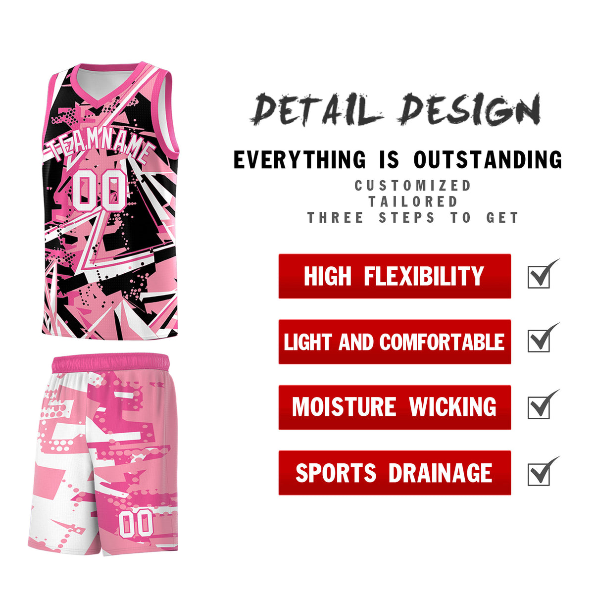 Custom Youth Basketball Jerseys Light Pink Rose Red Abstract Graffiti Personalized Team Name &amp; Number