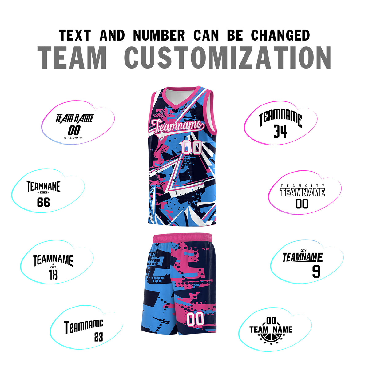 Custom Youth Basketball Jerseys Light Blue Pink Abstract Graffiti Personalized Street Style Uniform