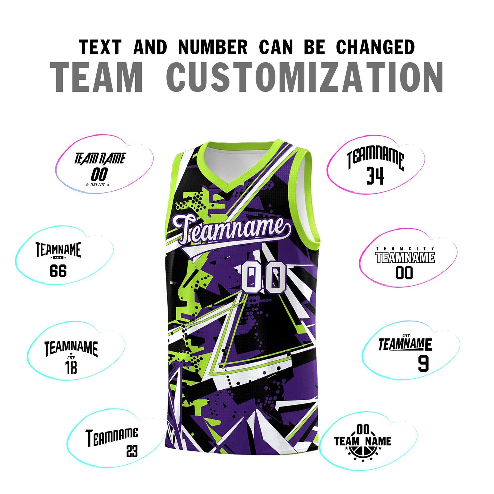 Custom Youth Basketball Jerseys Purple Neon Green Abstract Graffiti Personalized Team Name & Number